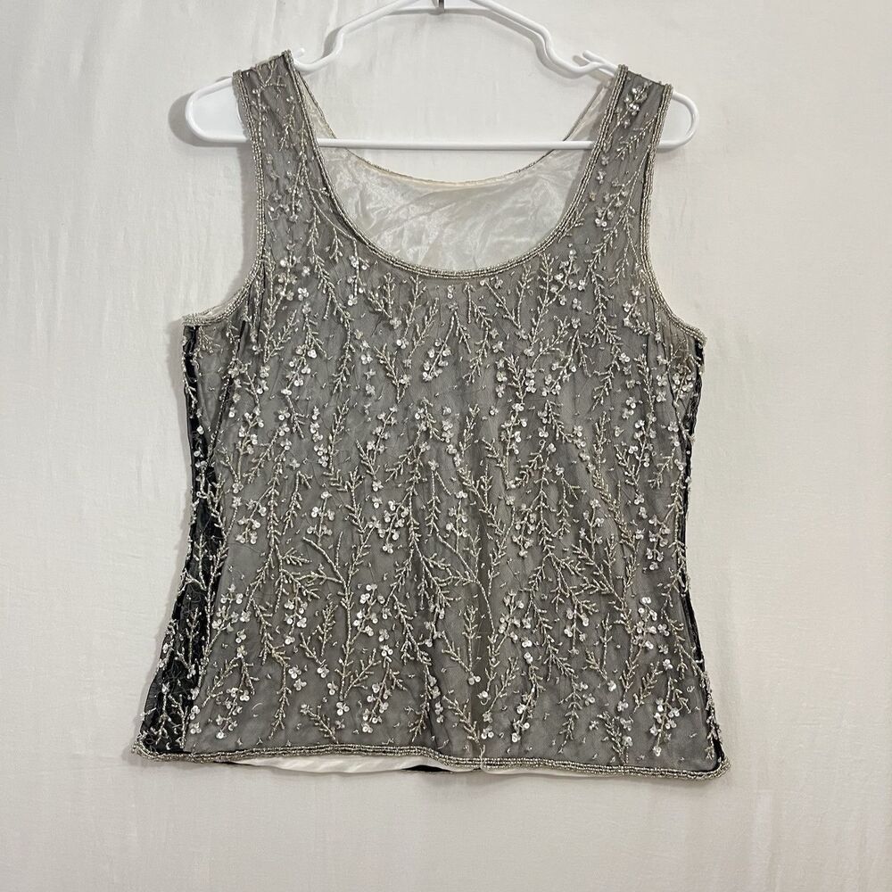 Y2K Beaded Top Womens Mesh Sequin Tank Formal Glam Cocktail 90s Gyaru Fit M